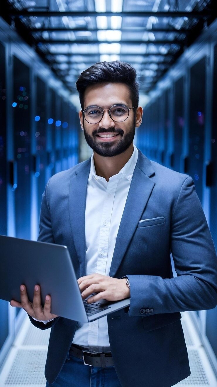 imgi 197 handsome smiling it specialist using laptop computer data center looking camera 1313853